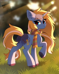 Size: 3200x4000 | Tagged: safe, artist:kirionek, oc, oc only, oc:maple parapet, pony, unicorn, butt, clothes, female, looking back, mare, plot, raised hoof, scarf, scenery, side view, solo, standing