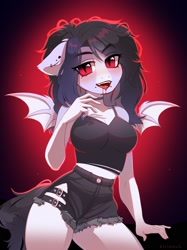 Size: 1280x1710 | Tagged: safe, artist:kirionek, oc, oc only, bat pony, vampire, anthro, blood, clothes, denim shorts, ear piercing, earring, eye clipping through hair, female, jewelry, looking at you, midriff, open mouth, piercing, red eyes, sexy, shorts, side slit, slit pupils, solo, spread wings, tank top, wings