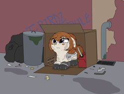 Size: 2048x1555 | Tagged: safe, artist:ethanchang, oc, oc only, oc:civic, car pony, original species, pony, 1st awesome platoon, alley, box, cardboard box, dirty, female, gas can, graffiti, homeless, honda, honda civic, i can't believe it's not badumsquish, mare, newspaper, sad, sign, solo, trash, trash bags, trash can