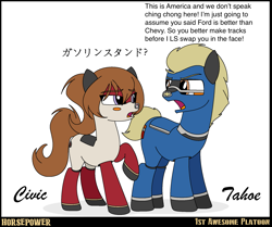 Size: 1929x1616 | Tagged: safe, artist:ethanchang, oc, oc:civic, car pony, original species, pony, 1st awesome platoon, chevrolet, chevrolet tahoe, dialogue, female, honda, honda civic, japanese, looking at each other, male, mare, ponified, racism, stallion