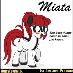 Size: 1171x1164 | Tagged: safe, artist:ethanchang, car pony, original species, pony, 1st awesome platoon, caption, female, mare, mazda, mazda miata, ponified, smiling, solo, text, white eyes