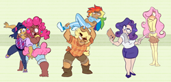 Size: 2700x1300 | Tagged: safe, artist:mikkybe, applejack, fluttershy, pinkie pie, rainbow dash, rarity, twilight sparkle, human, g4, applejack's hat, barefoot, boots, cheek squish, clothes, cowboy hat, dark skin, feet, flannel shirt, flats, freckles, hat, humanized, light skin, measuring tape, missing shoes, overalls, rainbow dash is not amused, shoes, skirt, sneakers, socks, squishy cheeks, stocking feet, stockings, sweater, sweater vest, sweatershy, tan skin, thigh highs, tracksuit, unamused, zettai ryouiki