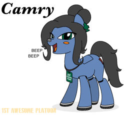 Size: 1088x1003 | Tagged: safe, artist:ethanchang, car pony, original species, pony, 1st awesome platoon, air freshener, badge, female, looking at you, mare, onomatopoeia, ponified, solo, toyota, toyota camry