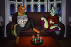 Size: 1280x853 | Tagged: safe, artist:pewas, oc, oc only, oc:buttercake pie, oc:drawing unique, unicorn, anthro, unguligrade anthro, big breasts, breasts, candle, chocolate, christmas, clothes, couch, digital art, ear piercing, female, food, headband, holiday, horn, hot chocolate, indoors, lamp, looking at each other, mother and child, mother and daughter, pants, piercing, shirt, sitting, snow, socks, stockings, striped socks, tail, thigh highs, window