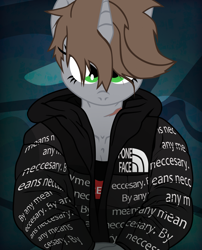 Size: 1746x2160 | Tagged: safe, artist:aaronmk, oc, oc only, oc:littlepip, unicorn, anthro, fallout equestria, abstract background, drip, female, glare, goku drip, looking at you, mare, meme, scar, solo, supreme, vector