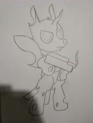 Size: 3120x4160 | Tagged: safe, artist:theunidentifiedchangeling, oc, oc only, oc:[unidentified], changeling, angry, bipedal, fangs, gun, holding, horn, looking at you, male, sketch, solo, traditional art, weapon, wings, wip