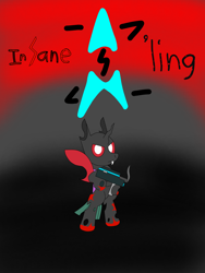 Size: 3072x4096 | Tagged: safe, artist:theunidentifiedchangeling, oc, oc only, oc:[unidentified], changeling, bipedal, blood, gun, horn, implied murder, looking at you, male, red wings, solo, weapon, wings
