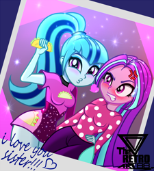 Size: 1600x1777 | Tagged: safe, artist:theretroart88, aria blaze, sonata dusk, equestria girls, g4, blushing, clothes, dress, food, jeans, kissy face, pants, sonataco, sweater, taco, that girl sure loves tacos, that siren sure does love tacos, this will end in pain, tsundaria