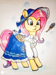 Size: 1500x2000 | Tagged: safe, artist:blueberry pie_蜜糕, fluttershy, pegasus, pony, g4, :3, clothes, colored feathertips, colored wings, cosplay, costume, cute, daaaaaaaaaaaw, dress, emma woods, identity v, shyabetes, solo, traditional art, wings