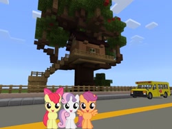 Size: 2048x1536 | Tagged: safe, artist:thatguy1945, artist:topsangtheman, apple bloom, scootaloo, sweetie belle, earth pony, pegasus, pony, unicorn, g4, clubhouse, crusaders clubhouse, looking at you, minecraft, school bus, trio