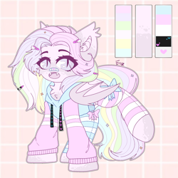 Size: 2300x2300 | Tagged: safe, artist:etoz, oc, oc only, oc:kōyō, bat pony, pony, bandaid, bandaid on nose, bat pony oc, bat wings, clothes, cute, fangs, female, hairpin, high res, hoodie, mare, ocbetes, open mouth, reference sheet, ribbon, socks, striped socks, wings