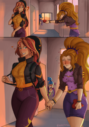 Size: 2480x3508 | Tagged: safe, artist:nire, adagio dazzle, aria blaze, sonata dusk, sunset shimmer, human, equestria girls, g4, blushing, blushing profusely, box of chocolates, clothes, confession, embarrassed, female, floating heart, guitar, guitar case, heart, high res, holding hands, humanized, jacket, lesbian, musical instrument, school, ship:sunsagio, shipping, shy, smiling, spikes, spying, sunset, sweat, sweating profusely