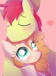 Size: 1024x1382 | Tagged: safe, artist:nnaly, bright mac, pear butter, earth pony, pony, g4, eyes closed, female, heart, male, mare, ship:brightbutter, shipping, simple background, stallion, straight