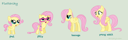 Size: 2336x736 | Tagged: safe, artist:dreamy990, fluttershy, pony, g4, 5-year-old, age progression, female, filly, filly fluttershy, glasses, simple background, younger