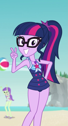 Size: 573x1065 | Tagged: safe, screencap, sci-twi, twilight sparkle, human, equestria girls, equestria girls series, forgotten friendship, g4, adorkable, ball, beach, clothes, cute, dork, female, peace sign, sci-twi swimsuit, sci-twiabetes, sleeveless, solo focus, swimsuit, twiabetes