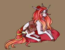Size: 1620x1260 | Tagged: safe, artist:birdbiscuits, oc, oc only, oc:teddy heart, pony, unicorn, bag, female, freckles, jar, orange eyes, ponytail, red hair, red mane, red tail, saddle bag, solo, teddy bear, yellow hair, yellow tail