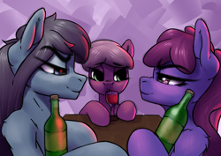 Size: 4037x2851 | Tagged: safe, artist:asme, berry punch, berryshine, cheerilee, oc, oc:slumber nox, earth pony, pegasus, pony, g4, alcohol, background pony, big ears, blushing, bottle, canon x oc, cork, drunk, female, glass, gradient mane, grin, lidded eyes, looking at each other, looking at someone, male, pegasus oc, siblings, simple background, sisters, smiling, stare, stare down, table, third wheel, wine, wine bottle, wine glass