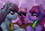 Size: 4037x2851 | Tagged: safe, artist:asme, berry punch, berryshine, cheerilee, oc, oc:slumber nox, earth pony, pegasus, pony, g4, alcohol, background pony, big ears, blushing, bottle, canon x oc, cork, drunk, female, glass, gradient mane, grin, lidded eyes, looking at each other, looking at someone, male, pegasus oc, siblings, simple background, sisters, smiling, stare, stare down, table, third wheel, wine, wine bottle, wine glass