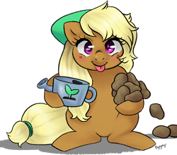 Size: 1250x1094 | Tagged: safe, artist:1eg, oc, oc only, oc:tater trot, earth pony, pony, food, potato, solo, tongue out, watering can