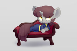 Size: 1280x853 | Tagged: safe, artist:swerve-art, oc, oc only, oc:silver bubbles, pony, unicorn, coveralls, draw me like one of your french girls, fainting couch, furniture, lying down, male, on side, reclining, solo, tongue out, work clothes