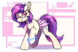 Size: 1800x1200 | Tagged: safe, artist:ravistdash, derpibooru exclusive, oc, oc only, oc:sunset cloudy, bat pony, pony, glasses, looking at you, simple background, smiling, solo, standing