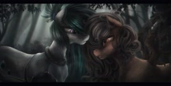 Size: 2780x1400 | Tagged: safe, artist:ventious, oc, oc only, oc:leonie, oc:nighttide star, cyborg, pegasus, pony, brown eyes, crying, curly hair, curly mane, depth of field, detailed background, duo, duo female, female, forest, frizzy hair, hair over one eye, letterboxing, looking at each other, mare, moss, pegasus oc, spanish moss, swamp, violet eyes, wings, wooden wings