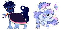 Size: 1024x512 | Tagged: safe, artist:loryska, oc, oc only, oc:indigo sky, oc:ipomoea (loryska), pegasus, pony, unicorn, chest fluff, cloak, clothes, cloven hooves, cutie mark, ear fluff, fangs, female, leonine tail, magical lesbian spawn, male, mare, offspring, one eye closed, parent:trixie, parent:twilight sparkle, parents:twixie, siblings, stallion, tongue out, two toned wings, unshorn fetlocks, wings, wink