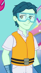 Size: 390x700 | Tagged: safe, screencap, beau tide, equestria girls, equestria girls specials, g4, my little pony equestria girls: better together, my little pony equestria girls: spring breakdown, cropped, cruise ship staff, goggles, lifejacket, male, safety goggles, smiling