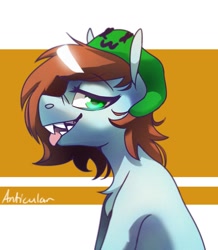 Size: 1255x1440 | Tagged: safe, artist:anticular, oc, oc only, oc:neko, earth pony, pony, bust, female, hat, looking at you, mare, profile, sharp teeth, solo, teeth, tongue out