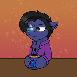 Size: 1000x1000 | Tagged: safe, artist:rokosmith26, part of a set, oc, oc only, oc:nightshade, earth pony, pony, annoyed, brown eyes, cheek fluff, chest fluff, clothes, coffee, coffee mug, commission, cup, floppy ears, fluffy, glowing eyes, holding, jewelry, male, mug, necklace, scar, shirt, simple background, solo, stallion, table, ych result