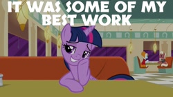 Size: 1920x1080 | Tagged: safe, edit, edited screencap, editor:quoterific, screencap, beaude mane, joan pommelway, twilight sparkle, alicorn, pony, g4, the saddle row review, female, solo, teeth, twilight sparkle (alicorn)