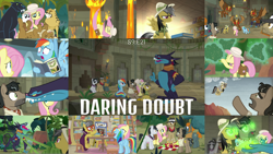 Size: 1978x1113 | Tagged: safe, edit, edited screencap, editor:quoterific, screencap, a.k. yearling, ahuizotl, biff, daring do, doctor caballeron, fluttershy, mitsy, rainbow dash, rogue (character), withers, big cat, earth pony, fly, fly-der, gargoyle, hybrid, jaguar (animal), pony, spider, daring doubt, bag, bamboo flute, blowing flute, book, brainwashing, butt, drinking, eyes closed, falling, female, flute, fly-der charming flute, glowing eyes, henchmen, male, musical instrument, open mouth, plot, saddle bag, safari hat, sitting, trio, trio female