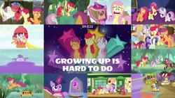 Size: 1978x1113 | Tagged: safe, edit, edited screencap, editor:quoterific, screencap, apple bloom, applejack, biscuit, bloofy, bon appétit, fluttershy, gourmand ramsay, rainbow dash, rarity, ruby slippers (g4), scootaloo, spur, sweetie belle, twilight sparkle, alicorn, bufogren, earth pony, pegasus, pony, unicorn, g4, growing up is hard to do, applejack's hat, bag, bipedal, book, bow, cowboy hat, cutie mark crusaders, dorothy gale, eyes closed, female, filly, flower, glowing horn, gordon ramsay, hat, horn, laughing, magic, magic aura, male, older, older apple bloom, older scootaloo, older sweetie belle, open mouth, saddle bag, self ponidox, teeth, tied up, train station, trio, trio female, twilight sparkle (alicorn), wishing flower