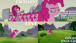 Size: 1986x1117 | Tagged: safe, edit, edited screencap, editor:quoterific, screencap, pinkie pie, earth pony, pony, g4, too many pinkie pies, bipedal, clone, eyes closed, female, hopping, pinkie clone, self ponidox, solo, teeth, tongue out