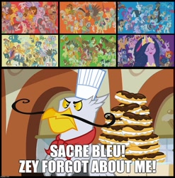 Size: 1134x1150 | Tagged: safe, edit, edited screencap, screencap, apple bloom, bright mac, capper dapperpaws, carrot cake, cheese sandwich, cloudy quartz, cotton (g4), cup cake, discord, flash magnus, flash sentry, garble, gentle breeze, gilda, grand pear, granny smith, gustave le grande, igneous rock pie, iron will, limestone pie, little strongheart, marble pie, maud pie, meadowbrook, mistmane, mudbriar, ocellus, pear butter, posey shy, prince rutherford, princess celestia, princess luna, rockhoof, roseluck, sandbar, scootaloo, silverstream, smolder, snails, snips, somnambula, star swirl the bearded, starlight glimmer, sunburst, sunset shimmer, sweetie belle, tree hugger, trixie, twilight sparkle, twinkle (g4), twirly, yona, zephyr breeze, alicorn, bison, buffalo, changedling, changeling, draconequus, dragon, earth pony, griffon, minotaur, pegasus, pony, unicorn, yak, g4, mmmystery on the friendship express, the last problem, accent, angry, caption, chef's hat, eclair, facial hair, female, food, french, funny, hat, image macro, male, mare, meme, moustache, older, older twilight, older twilight sparkle (alicorn), princess twilight 2.0, stallion, text, they forgot about me, twilight sparkle (alicorn), unnamed breezie, unnamed character