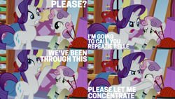 Size: 1986x1117 | Tagged: safe, edit, edited screencap, editor:quoterific, screencap, rarity, sweetie belle, pony, unicorn, g4, marks for effort, angry, bipedal, duo, duo female, female, open mouth, repeatie belle, teeth