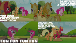 Size: 1986x1117 | Tagged: safe, edit, edited screencap, editor:quoterific, screencap, applejack, big macintosh, jonagold, marmalade jalapeno popette, pinkie pie, earth pony, pony, g4, too many pinkie pies, angry, apple family member, applejack's hat, clone, cowboy hat, duo, duo female, eyes closed, female, fun fun fun, gritted teeth, hat, hatless, missing accessory, open mouth, pinkie clone, self ponidox, sweat, trio