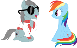 Size: 3571x2235 | Tagged: safe, artist:porygon2z, rainbow dash, oc, oc:nosight, earth pony, pegasus, pony, g4, blind, clothes, duo, earth pony oc, female, heart, high res, hoof on chest, open mouth, simple background, sitting, sunglasses, sweater, transparent background, vector