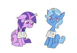 Size: 1000x687 | Tagged: safe, artist:happy harvey, trixie, twilight sparkle, alicorn, pony, unicorn, g4, colored pupils, cork, duo, floppy ears, horn, horn guard, implied anon, looking down, phone drawing, pony shaming, reversed gender roles equestria general, shame, sign, simple background, sitting, smug, transparent background, twilight sparkle (alicorn)