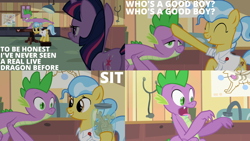 Size: 1986x1117 | Tagged: safe, edit, edited screencap, editor:quoterific, screencap, doctor fauna, spike, twilight sparkle, dragon, earth pony, pony, unicorn, g4, secret of my excess, behaving like a dog, butt, drool, duo, eyes closed, female, male, open mouth, sharp teeth, teeth, tongue out, trio, twibutt, unicorn twilight