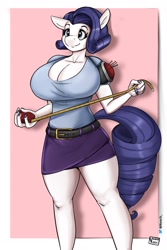 Size: 1365x2048 | Tagged: safe, alternate version, artist:nosch, rarity, anthro, g4, belt, big breasts, breasts, busty rarity, cleavage, clothes, measuring tape, pincushion, smiling