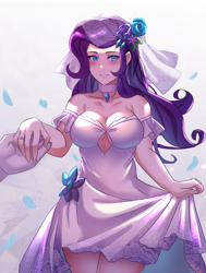 Size: 800x1058 | Tagged: safe, artist:tzc, rarity, human, anime, beautiful, bedroom eyes, blushing, breasts, bride, busty rarity, cleavage, clothes, dress, evening gloves, female, gloves, grin, humanized, implied marriage, jewelry, long gloves, marriage, offscreen character, ring, smiling, solo, veil, wedding, wedding dress