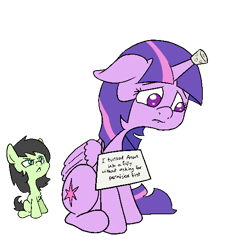 Size: 532x581 | Tagged: safe, artist:happy harvey, twilight sparkle, oc, oc:filly anon, alicorn, earth pony, pony, g4, angry, chest fluff, colored pupils, cork, dogshaming, female, filly, floppy ears, hilarious in hindsight, horn, horn guard, looking down, looking up, mare, phone drawing, pony shaming, shame, sign, simple background, transformation, transparent background, twilight sparkle (alicorn)