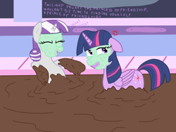 Size: 1600x1200 | Tagged: safe, artist:amateur-draw, twilight sparkle, twilight velvet, alicorn, pony, unicorn, g4, annoyed, conversation, cross-popping veins, duo, female, mother, mother and child, mother and daughter, mud, mud bath, mud mask, parent, show accurate, simple background, text, twilight sparkle (alicorn), wet and messy