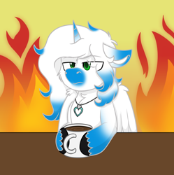 Size: 996x1000 | Tagged: safe, alternate character, alternate version, artist:rokosmith26, part of a set, oc, oc only, oc:skyduster, alicorn, pony, annoyed, cheek fluff, chest fluff, coffee, coffee mug, commission, cup, fire, floppy ears, fluffy, green eyes, horn, jewelry, male, mug, necklace, simple background, solo, stallion, table, this is fine, wings, ych result