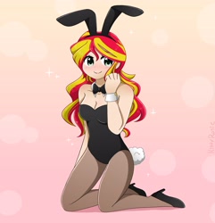 Size: 3950x4096 | Tagged: safe, artist:kittyrosie, sunset shimmer, human, equestria girls, adorasexy, bare shoulders, blushing, bowtie, breasts, bunny suit, busty sunset shimmer, cleavage, clothes, cuffs (clothes), cute, female, gradient background, high heels, human coloration, kneeling, leotard, looking at you, pantyhose, playboy bunny, sexy, shimmerbetes, shoes, simple background, sleeveless, solo, strapless, tail
