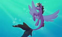 Size: 5000x3000 | Tagged: safe, artist:shaslan, oc, oc only, pegasus, pony, seapony (g4), blue eyes, commission, crepuscular rays, dorsal fin, fin wings, fish tail, flowing tail, looking up, ocean, seaponified, smiling, solo, species swap, tail, teeth, underwater, water, wings