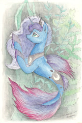 Size: 702x1050 | Tagged: safe, artist:daisymane, princess luna, alicorn, pony, seapony (g4), g4, colored pupils, crown, dorsal fin, female, fins, fish tail, flowing mane, flowing tail, green eyes, horn, jewelry, lidded eyes, looking up, pencil drawing, regalia, seaponified, seapony luna, seaweed, solo, species swap, tail, traditional art, underwater, water, watercolor painting, wings