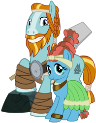 Size: 2600x3330 | Tagged: safe, artist:cheezedoodle96, artist:jhayarr23, edit, meadowbrook, rockhoof, earth pony, pony, a health of information, campfire tales, g4, .svg available, armor, beard, braid, braided ponytail, cute, facial hair, female, high res, leather armor, leg wraps, looking at you, male, mare, meadowcute, moustache, rock, rockhoof's shovel, ship:rockbrook, shipping, shovel, simple background, smiling, stallion, straight, transparent background, valknut, vector