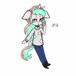 Size: 640x640 | Tagged: safe, artist:cinnavee, oc, oc only, unicorn, anthro, arm hooves, clothes, female, horn, pants, shoes, simple background, solo, unicorn oc, white background